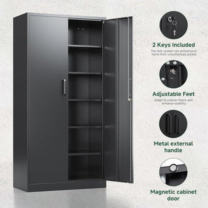 Letaya Metal Garage Storage Cabinets with Lock-72 Tall Tool Organizer Steel Lockers, 5 Adjustable Layers Shelves for Home,Office,Warehouse,Garage,(Black-72“) | with Lock, 72 Tall, Tool Organizer