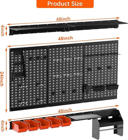 TORACK Metal Pegboard Wall Organizer 4ft Wide, Tool Storage Pegboard System for Garage with Accessories, Wall Mount Storage Bins, Shelves, Peg board Tool Organizer Kit for Workbench(Black)