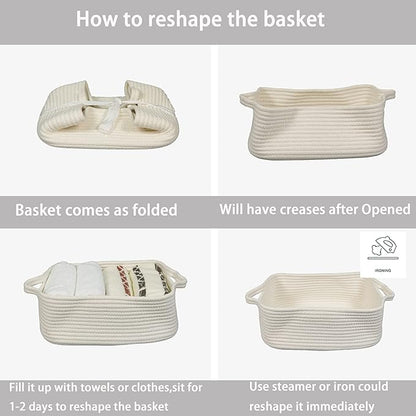 Woven Cotton Rope Storage Basket with Handles for Organizing Shelves Closet Small Cat Dog Pet Toy Baskets Box Bin Decorative Rectangle Baby Nursery basket Gift basket Empty(white)