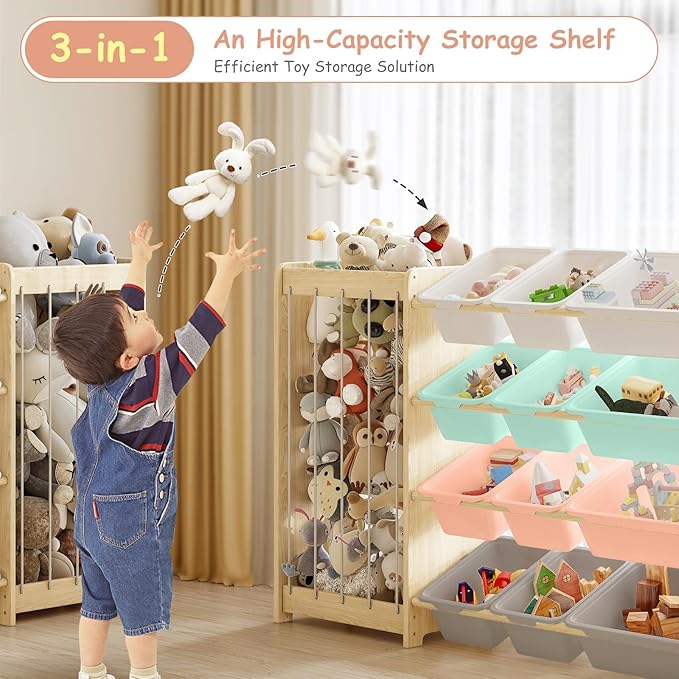 Large Toy Storage Organizer, Wooden Stuffed Animal Storage & 12-Bins Toy Organizer, Double-Sided Plush Toy Holder Featuring Thicker Ropes, Space Save Playroom Bedroom Nursery Storage, Multi