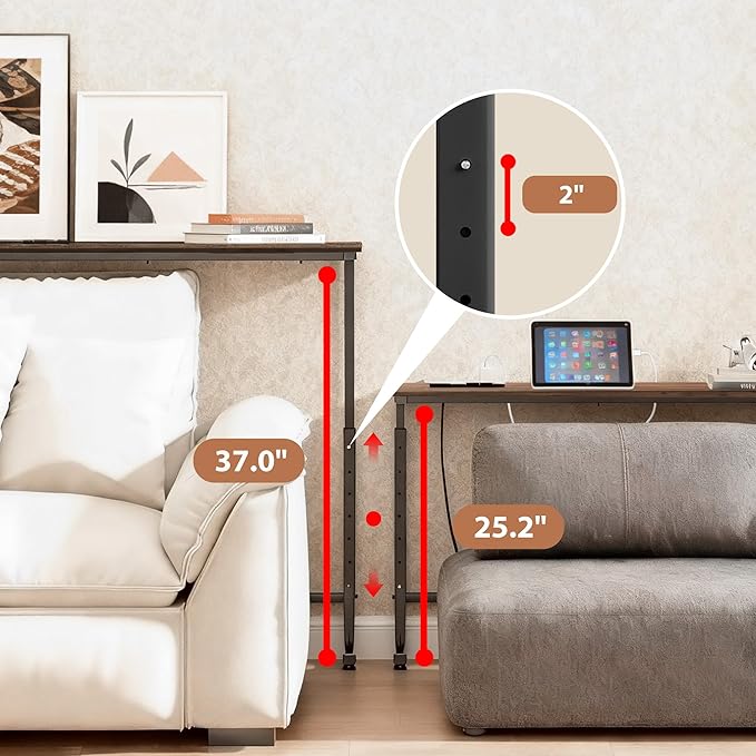 78 inch Narrow Console Table with Outlet,Adjustable Height(25"-37") Behind Sofa Table,Couch Behind Table Skinny,Couch Shelf with Charging Station,Long Entryway Table for Living Room,Brown