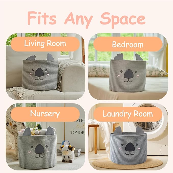 OMERAI Animal Koala Basket, Cute Cotton Rope Woven Large Blanket Basket, Toy Storage for Nursery decor and Laundry Organizer with Handles, baby hamper shower gift, 15"D x 12.6"H, Grey
