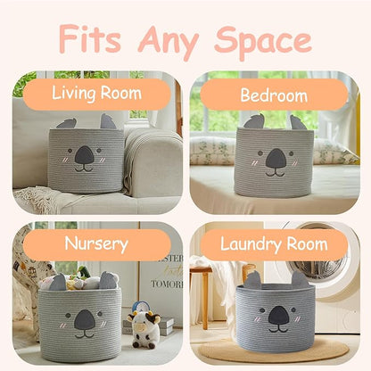 OMERAI Animal Koala Basket, Cute Cotton Rope Woven Large Blanket Basket, Toy Storage for Nursery decor and Laundry Organizer with Handles, baby hamper shower gift, 15"D x 12.6"H, Grey