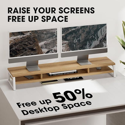 Fenge Dual Monitor Stand for Desk, 42.5in Large Monitor Riser for 2 Monitors, 2 Tier Computer Office Desk Top Shelf, Desktop Storage Stand for Laptop, PC, Computer, Printer