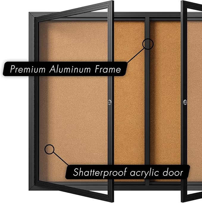 INNOVART Enclosed Bulletin Board 60”x36”, Lockable Cork Noticeboard with Black Aluminum Frame, Outdoor Enclosed Bulletin Board Weatherproof, Wall Display Case with Swing-Open Door Information Cabinet