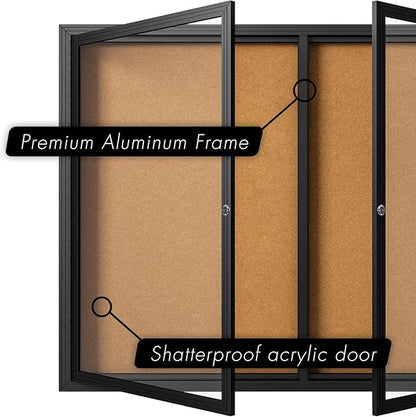INNOVART Enclosed Bulletin Board 60”x36”, Lockable Cork Noticeboard with Black Aluminum Frame, Outdoor Enclosed Bulletin Board Weatherproof, Wall Display Case with Swing-Open Door Information Cabinet