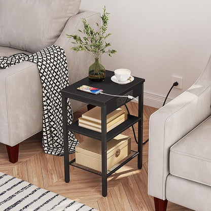HOOBRO Side Tables Set of 2 with Charging Station and USB Port, Small End Tables for Small Space, 3-Tier Nightstands with Adjustable Shelf, for Living Room, Bedroom, Black BB112BZP201