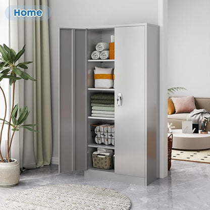 Metal Garage Storage Cabinet, Steel Lockable File Cabinet with 2 Doors and 4 Adjustable Shelves for Garage Home Office Storage, Assembly Required, Gray, 71" H