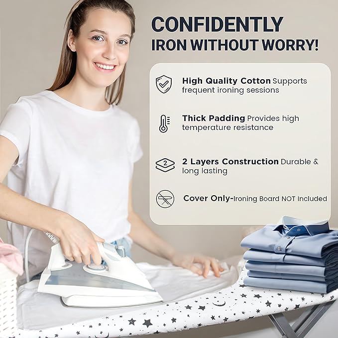 Ironing Board Cover and Pad 15"x54" Extra Thick Natural Cotton, Scorch and Stain Resistant Padding, Standard Size Iron Board Cover with Fasteners Heavy Duty Elastic Edge, Heatproof Nightfall