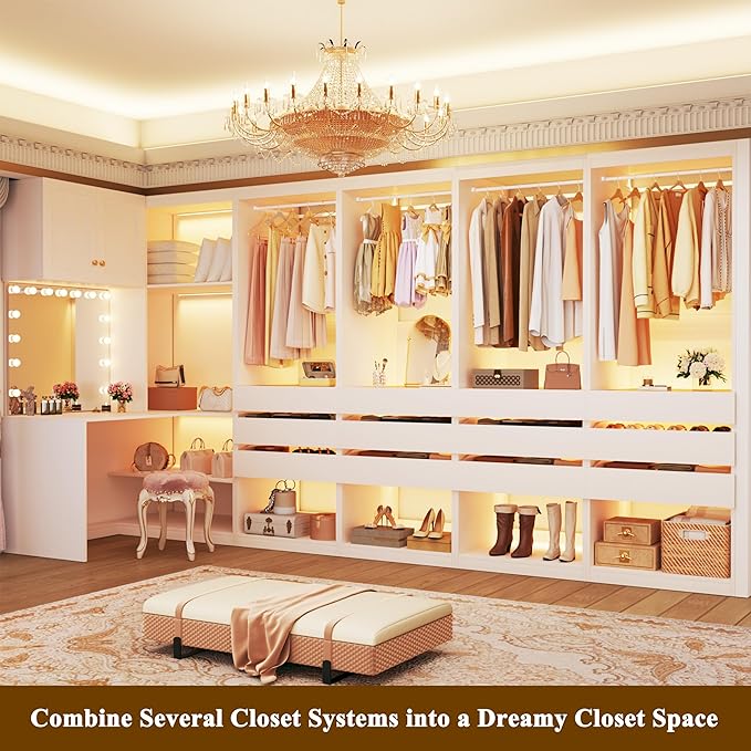 Freestanding 2FT Closet System with 3 Wood Drawers & Glasstop, 24" Closet Organizer System with Hanging Rod & LED Lights, Walk-in Closet Systems for Small Closets, White (24"L x 16" W x 80" H)