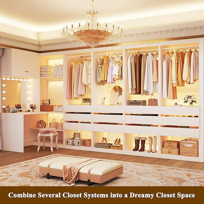 Freestanding 2FT Closet System with 3 Wood Drawers & Glasstop, 24" Closet Organizer System with Hanging Rod & LED Lights, Walk-in Closet Systems for Small Closets, White (24"L x 16" W x 80" H)
