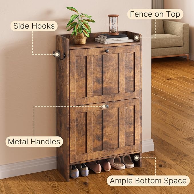 Gizoon Shoe Cabinet with 2 Flip Drawers, Shoe Organizer Storage for Entryway, Freestanding Narrow Rack Cabinet with Space-Saving, for Hallway, Retro