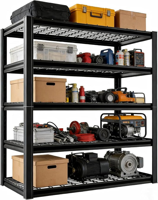35" W Father&I 5-Shelf Industrial Adjustable Heavy-Dudy Tall Metal Garage Storage Shelves Shelving Units/Steel Wire Rack System (Commercial) for Basement/Shop, 72" H*35" W*15.7" D, Black