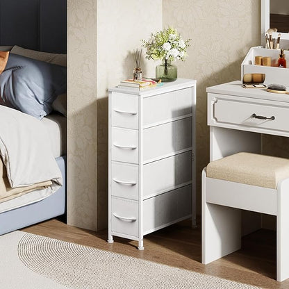 Narrow Dresser Storage Tower with 4 Drawers, Slim Dresser Chest of Drawers with Steel Frame, Wood Top, Dresser for Bedroom, Bathroom, Small Spaces, Laundry, Closet (White)