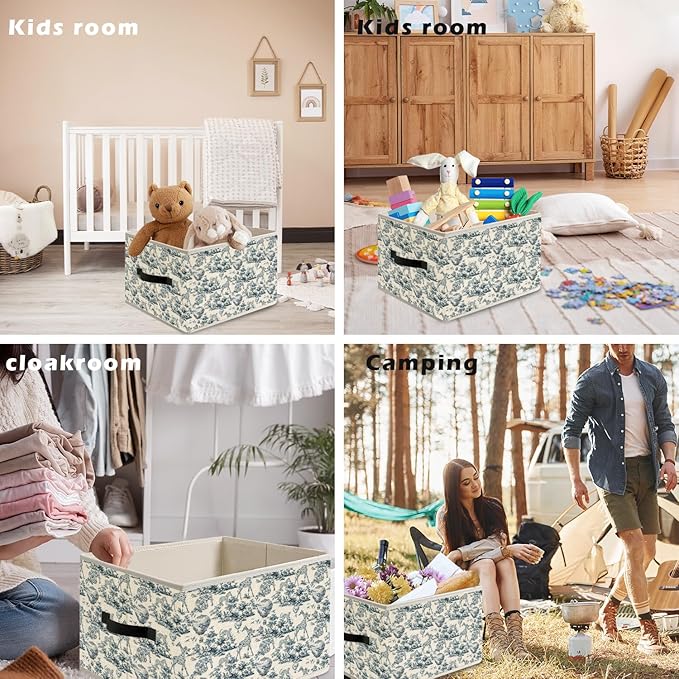 Blue and White Chinoiserie Wildlife Botanical Storage Bin Box with Handles, French Country Toile de Jouy Animal Foldable Organizer Basket Toybox for Home Bedroom Bathroom Clothes Toys Books