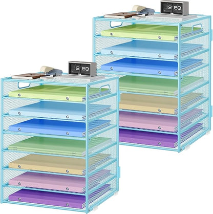 2 Pack 8 Tier Paper Organizer with Handle, Metal Mesh Desk File Organizer, Large Capacity Desk Organizers Paper Letter Tray Desktop Document Sorter for Office, Home or School - Blue