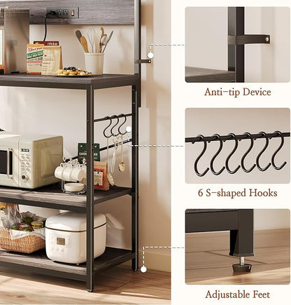 SUPERJARE Bakers Rack with Power Outlets, Microwave Stand, 39.4 X 14.3 Inch Larger Desktop, Kitchen Storage Rack with Adjustable Middle Shelf, 6 S-Shaped Hooks, Coffee Bar Stand, Grey