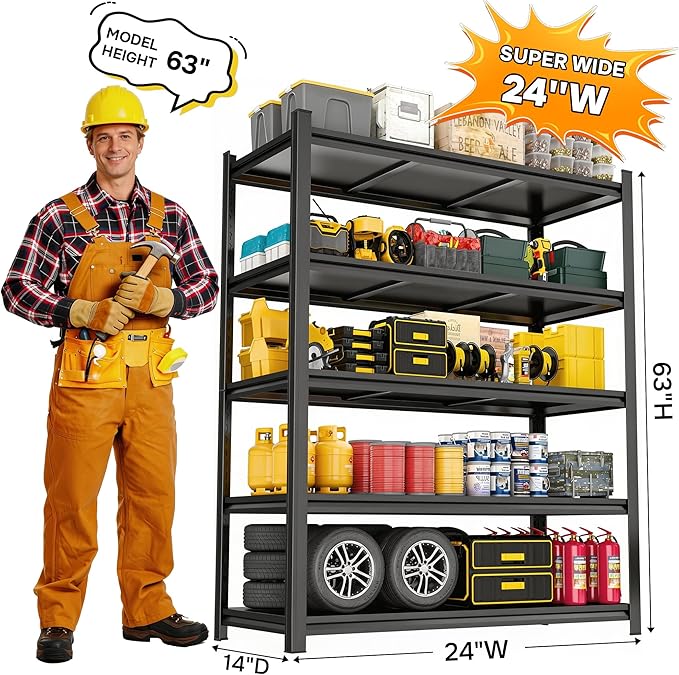 5 Tier Shelving Unit, 2500LBS Capacity Heavy Duty Storage Shelves for Garage Organization, Adjustable Metal Garage Shelf Rack for Basement, Shed, 24" W X 14" D x 63" H
