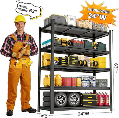 5 Tier Shelving Unit, 2500LBS Capacity Heavy Duty Storage Shelves for Garage Organization, Adjustable Metal Garage Shelf Rack for Basement, Shed, 24" W X 14" D x 63" H