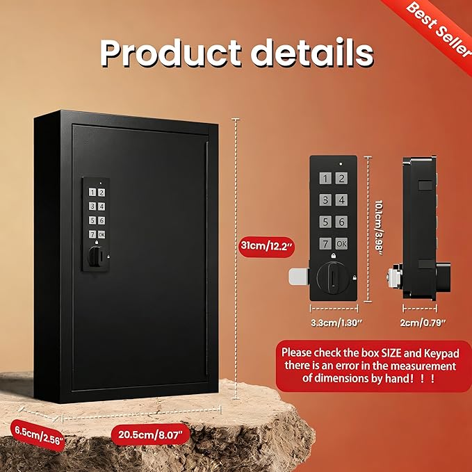 Grimtron Key Lock Box for Keys with Code, Key Box Wall Mount Cabinet, Electronic Lock, Private/Public Mode, 40 Keys, Black