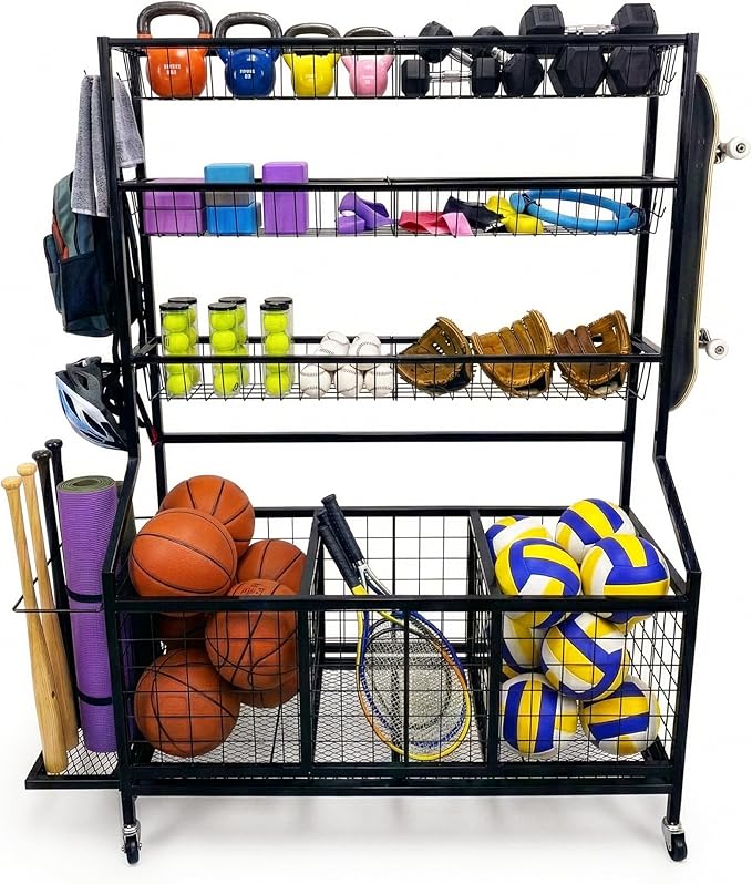 AMPLY Sports Equipment Organizer, Rolling Sports Ball Storage Garage Rack with Large Ball Bins, Side Bat Grid and Multi-Tier Shelves, Steel Rust-Resistant Gear Cart for Families, Schools, Gyms