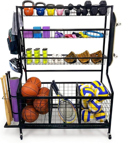 AMPLY Sports Equipment Organizer, Rolling Sports Ball Storage Garage Rack with Large Ball Bins, Side Bat Grid and Multi-Tier Shelves, Steel Rust-Resistant Gear Cart for Families, Schools, Gyms