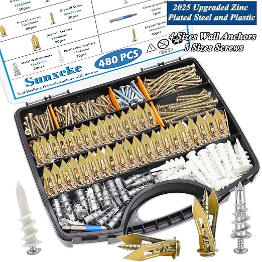 480 PCS Self Drilling Drywall Anchors Kit with Screws - 4 Sheetrock Anchors & 5 Screw Sizes (2025 Upgraded), No Drill Needed, Zinc Plated Steel and Plastic, Heavy Duty Wall Anchors
