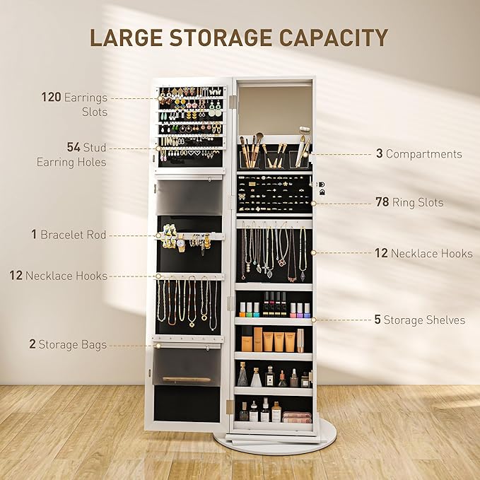 HOMCOM 360° Swivel Jewelry Cabinet, Lockable Jewelry Armoire Organizer with Full-Length Mirror, Back Storage Shelves, Interior Small Mirror, for Bedroom Living Room, White
