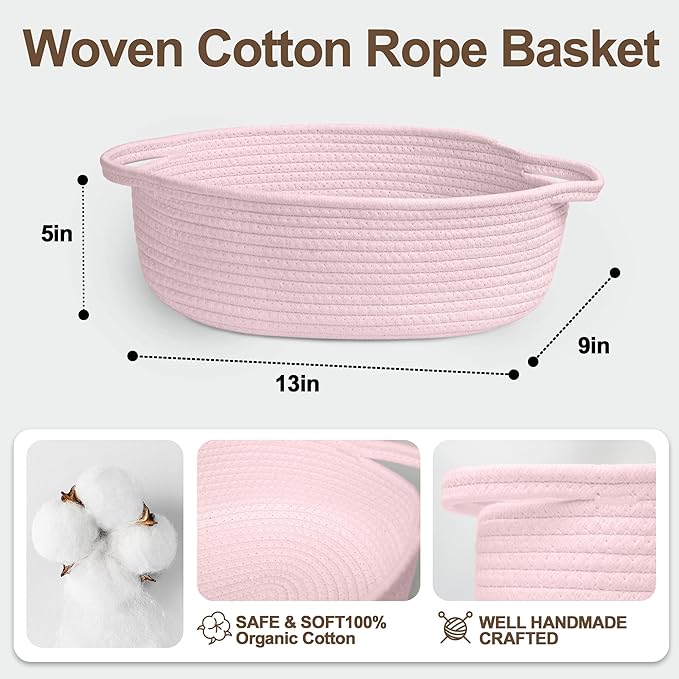 Small Baskets for Gifts Empty, 13"x 9"x 5" Woven Gift Basket with Bag and Ribbon, Cotton Rope Kids Dog Cat Toy Bin Box, Cute Baby Nursery Organizer, Decorative Storage with Handles (Pink)