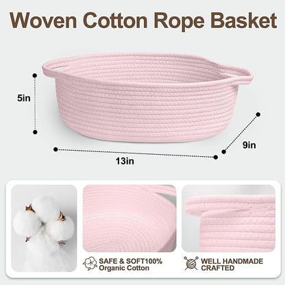 Small Baskets for Gifts Empty, 13"x 9"x 5" Woven Gift Basket with Bag and Ribbon, Cotton Rope Kids Dog Cat Toy Bin Box, Cute Baby Nursery Organizer, Decorative Storage with Handles (Pink)
