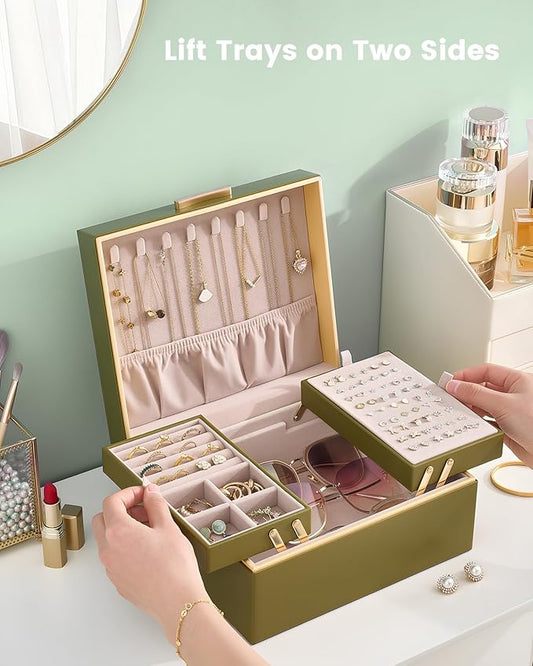 Lolalet Jewelry Box Organizer for Women Girls, 2 Layer Jewelry Organizers and Storage for Necklace Earrings Rings Bracelets, Large Jewellery Holder Case Birthday Valentine Gifts -Olive Green