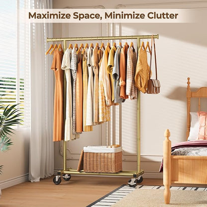 Clothes Rack, Clothing Rack for Hanging Clothes, Rolling Garment Rack Sturdy Coat Rack Portable Wardrobe Rack Metal Closet Rack for Bedroom Laundry Living Room, Gold