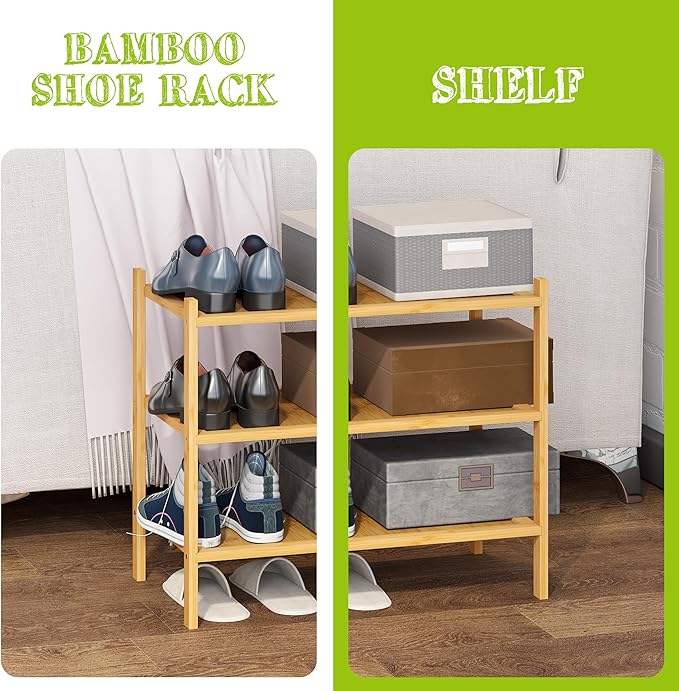 BMOSU 3-Tier Bamboo Small Shoe Rack Premium Stackable Shoe Shelf Storage Organizer for Hallway Closet Living Room Entryway Organizer(Natural)