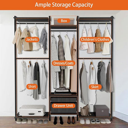 Wall-Mounted Steel & Wood Closet Organizer System with 4 Adjustable Shelves, 5 Hanging Rods, and 2 Drawers – Modern Open Wardrobe, Black