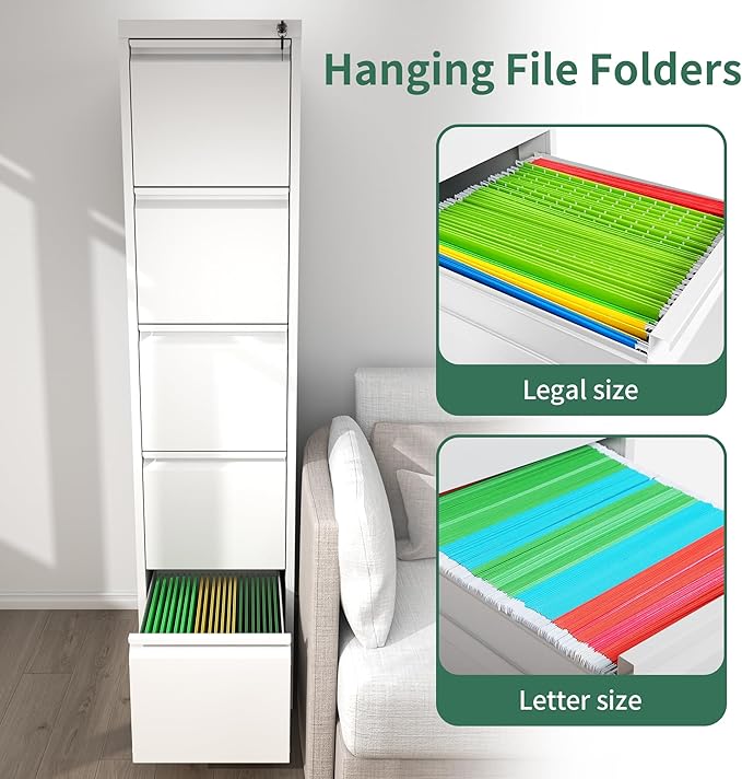 5 Drawer File Cabinet, Vertical File Cabinets with Lock for Home Office,Heavy Duty Office Steel Filing Cabinet for Hanging Letters/Legal/A4, Assembly Required (White)