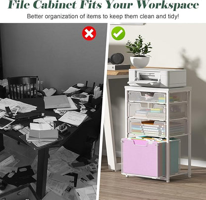 4 Drawer Rolling File Cart with Wheels, Mobile Filing Cabinet for Home Office, Hanging File Organizer, Under Desk Storage, Multifunctional Utility Cart Printer Stand, White