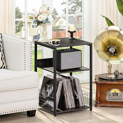 LELELINKY 3 Tier Farmhouse Drak Gray End Table, Large 18" Wide Record Player Tables with Vinyl Storage Shelf, Industrial Turntable Printer Stands, Modern Side Tables for Living Room, Bedroom, Office