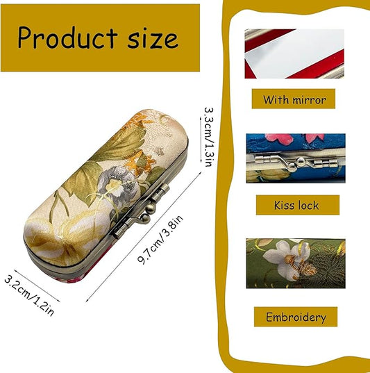 MIAO JIN Lipstick Case with Mirror Lipstick Holder Storage Bag Kiss Lock of Iron Mini Portable Vintage Floral Pattern Jewelry Cosmetic Case (Yellow)