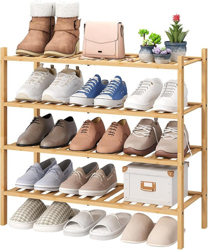 4-Tier Bamboo Shoe Rack for Entryway, Stackable | Foldable | Natural, Shoe Organizer for Hallway Closet, Free Standing Shoe Racks for Indoor Outdoor