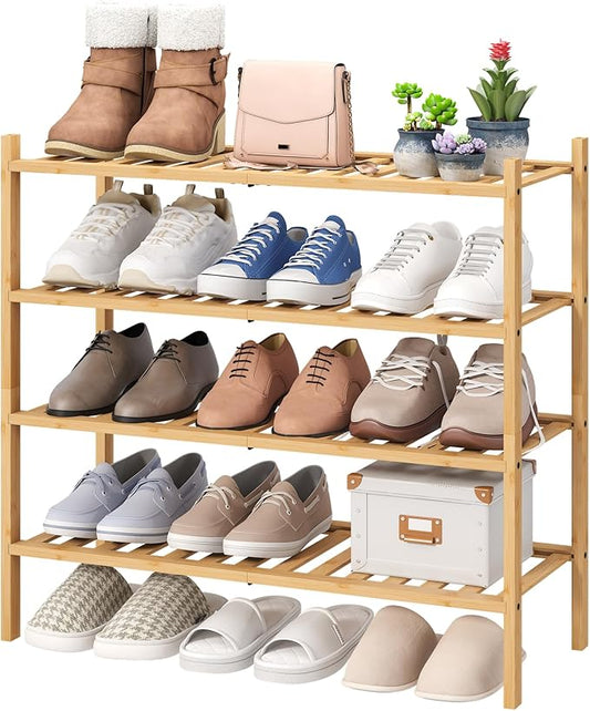 4-Tier Bamboo Shoe Rack for Entryway, Stackable | Foldable | Natural, Shoe Organizer for Hallway Closet, Free Standing Shoe Racks for Indoor Outdoor