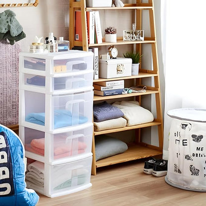 HOMZ 5-Drawer Storage Cart, Clear Plastic Drawers, 14.25" Wide Medium, White Frame - Organizing Drawer Containers for Home, Bathroom, Bedroom, Office, and Classroom