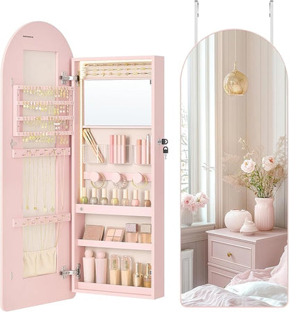 SONGMICS Wide Jewelry Organizer, LED Jewelry Cabinet Wall/Door Mounted, Arched Mirror with Storage, Lockable, Rounded Corner, Interior Mirror, 3.9 x 16.5 x 42.5 Inches, Jelly Pink UJJC020SA01S