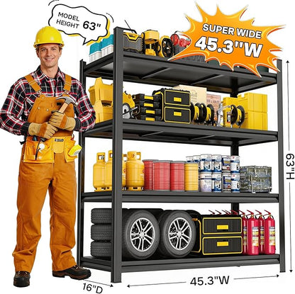 45.3" W Garage Shelving, 4 Tier Heavy Duty Metal Storage Shelves, 2000LBS Capacity, Adjustable Shelving Unit for Garage, Basement Organizer, 45.3" W x 16" D x 63" H
