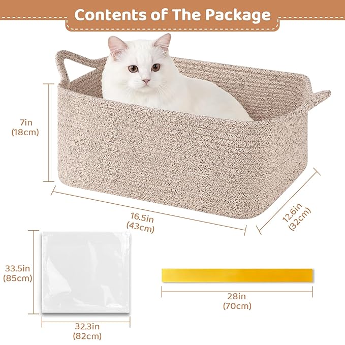 Large Empty Gift Baskets for Baby Shower, 16.5" L x 12.6" W x 7" H Cute Woven Storage Basket with Gift Bags and Ribbons, Small Rope Toy Basket with Handles, Cat Dog Pet Toy Organizer - Brown