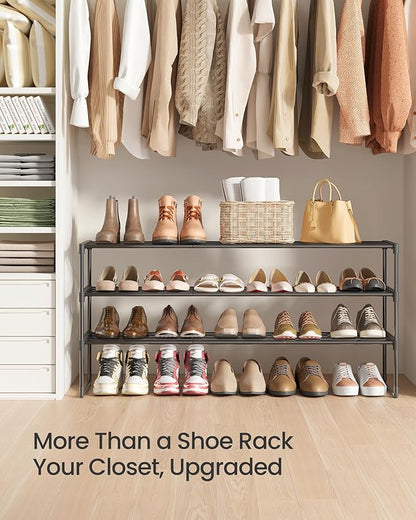 SONGMICS Shoe Rack, 3-Tier Shoe Organizer, Metal Storage Shelf, Upright or Upside Down, for 20-24 Pairs, Stackable, for Entryway, 11.8 x 46.1 x 21.7 Inches, Black ULSA033B01