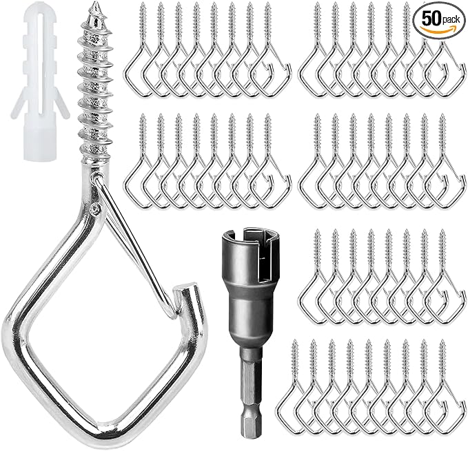 50 Pcs Outdoor Hooks for String Lights,Screw Hooks for Hanging Plants,Ceiling Hooks with Safety Buckle,Square Hanger for Wind Chimes,Bird Feeder,Lanterns,Christmas Decorations (Silver)