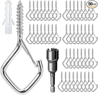 50 Pcs Outdoor Hooks for String Lights,Screw Hooks for Hanging Plants,Ceiling Hooks with Safety Buckle,Square Hanger for Wind Chimes,Bird Feeder,Lanterns,Christmas Decorations (Silver)