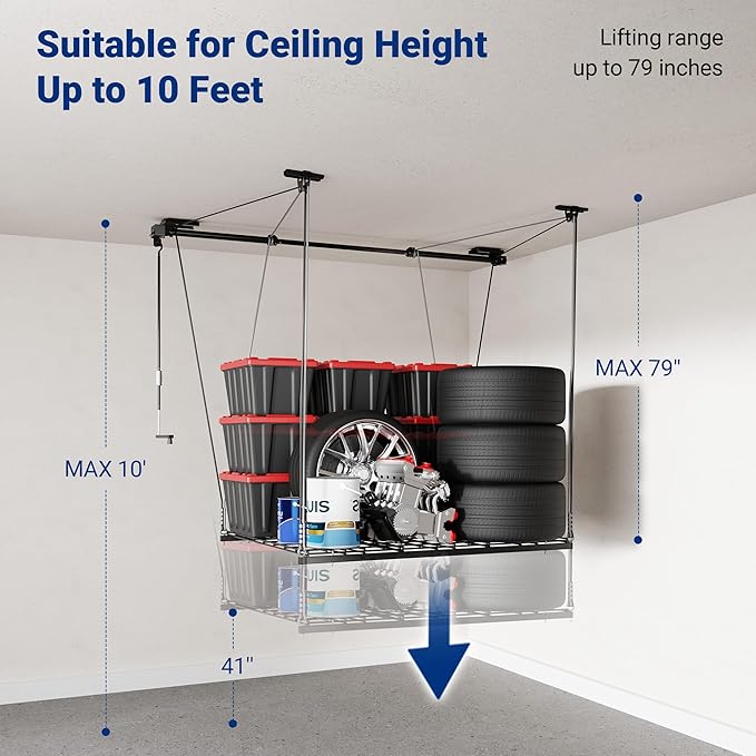 FLEXIMOUNTS GL1 Overhead Garage Lifting Storage Rack, 4x4 Ft Heavy-Duty Metal Storage Racks, Adjustable Garage Ceiling Organization System, 350lbs Weight, Polished Black