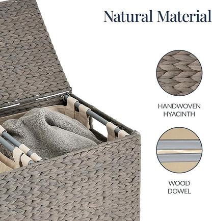 Best Choice Products Large Double Laundry Hamper with Lid, Natural Handwoven Water Hyacinth, 2 Sections w/ 2 Machine Washable Linen Liner Bags, Portable, Handles - Gray