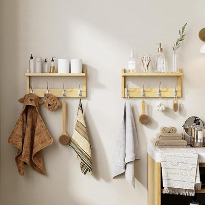 Coat Rack with Shelf, 2 Pack Bamboo Wall-Mounted Coat Hanger with 8 Hooks for Entryway, Hallway, Kitchen, Bathroom, Living Room, Utility Room (Natural)